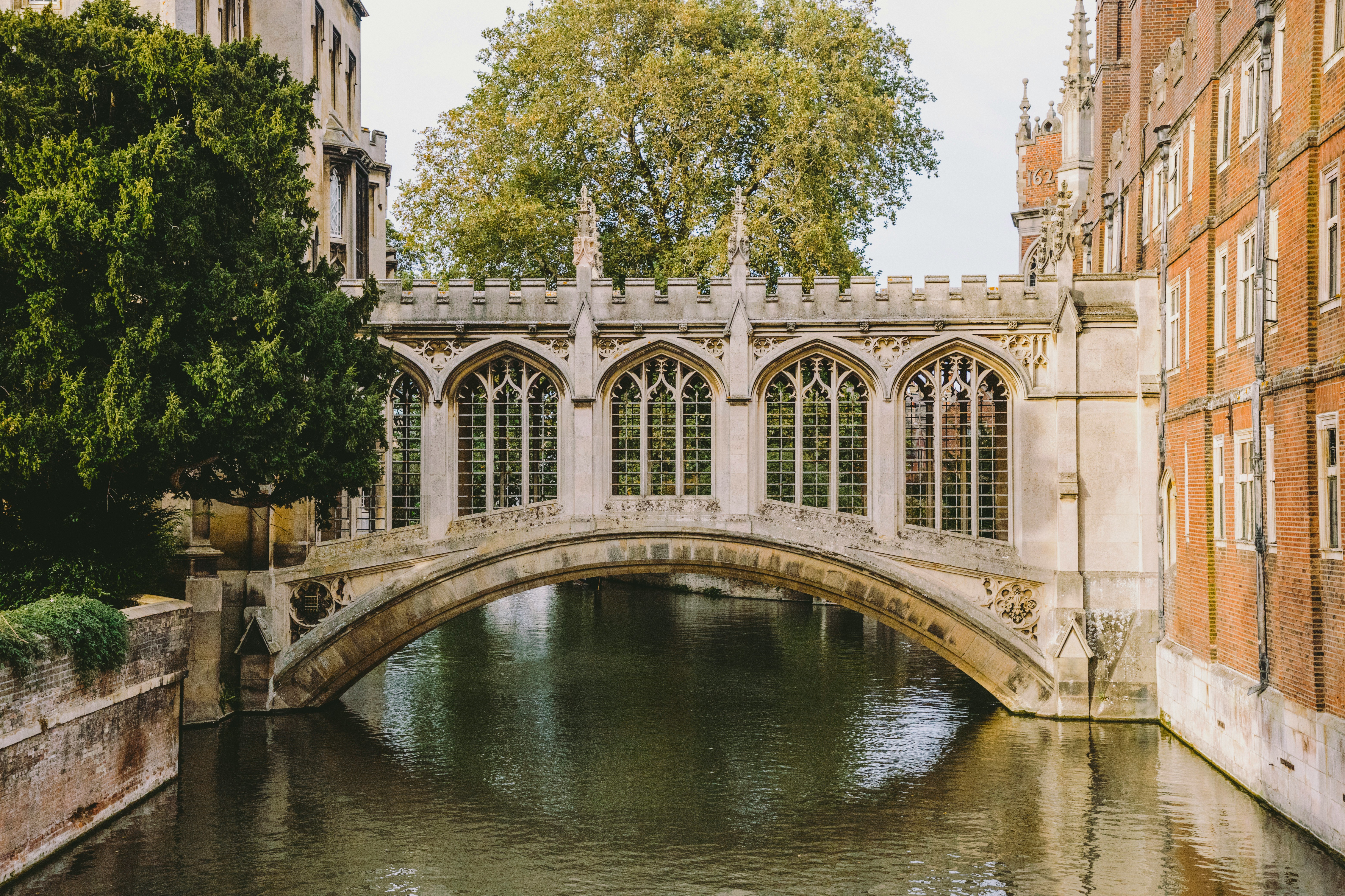 Historic Cambridge college buildings and bridge beside the River Cam