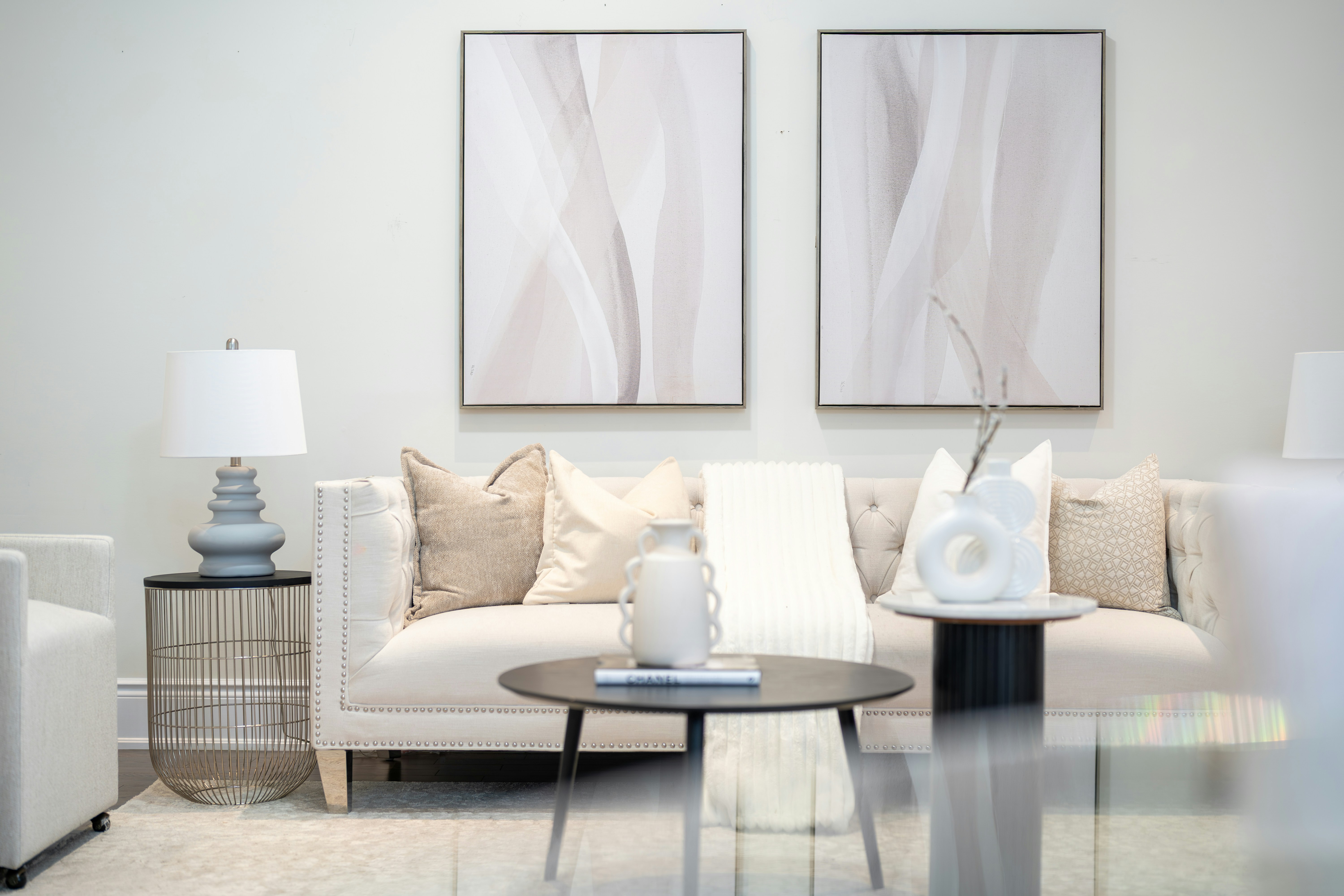 Contemporary neutral living room with abstract artwork