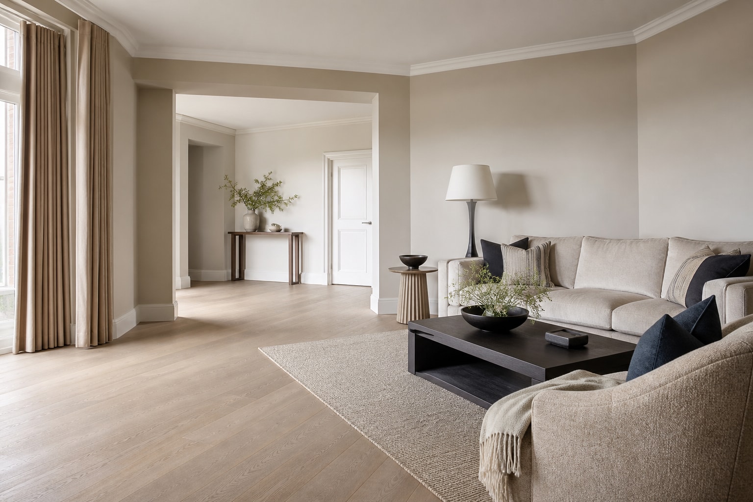 Refined, light-filled residential living room with neutral furnishings and oak details