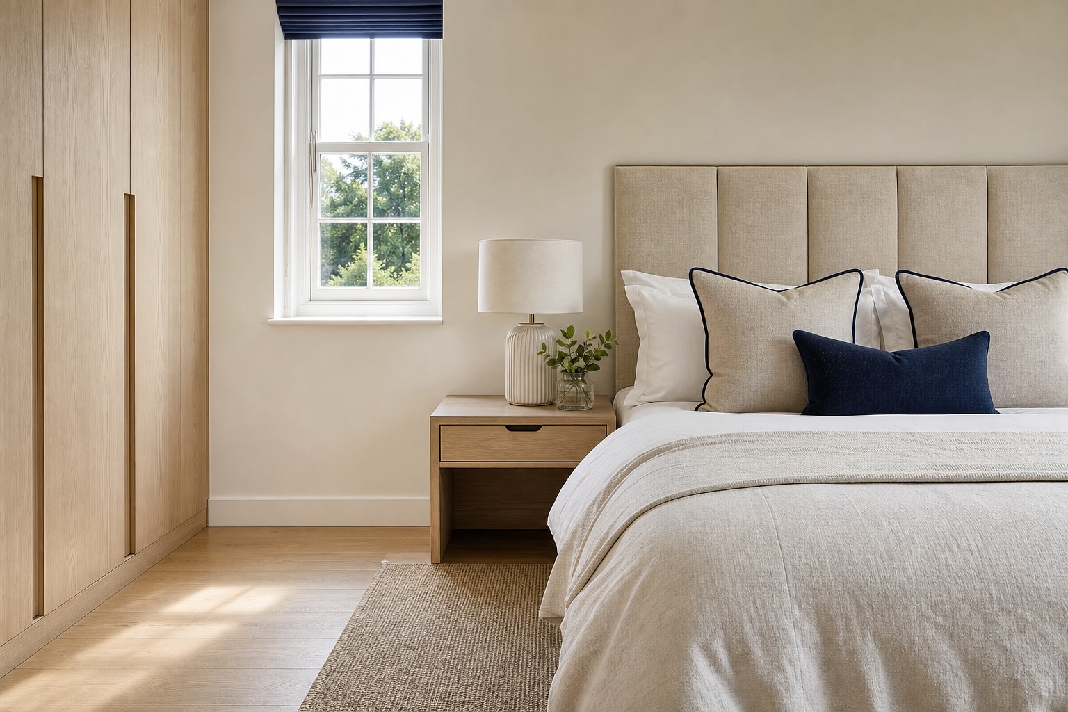 Calm, refined bedroom with layered neutral bedding and subtle navy accents
